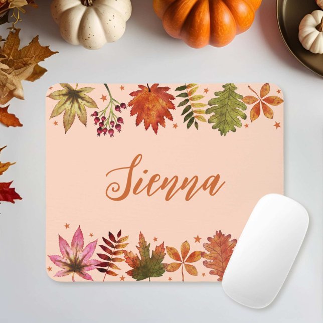 Alfombrilla De Ratón Nombre de las hojas de otoño de acuarela (Watercolor Autumn Fall Leaves Name Mouse Pad)