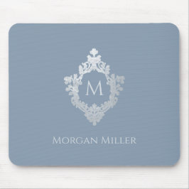 Alfombrilla De Ratón Nombre de Monograma Azul Dusty Escudo Vintage Eleg