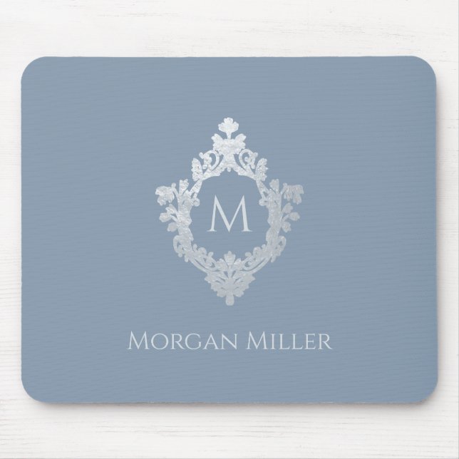 Alfombrilla De Ratón Nombre de monograma azul polvoriento Elegante cres (Frente)
