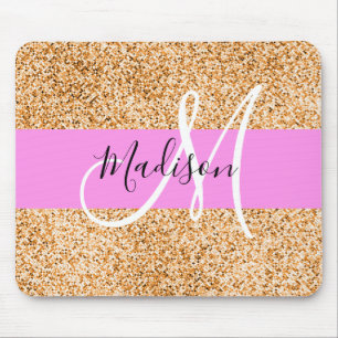 Alfombrilla De Ratón Nombre de monograma con brillo rosa y cobre Glam