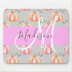 Alfombrilla De Ratón Nombre de monograma gris floral femenino rosa melo