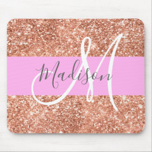 Alfombrilla De Ratón Nombre de monograma rosa dorado purpurina Glam fem