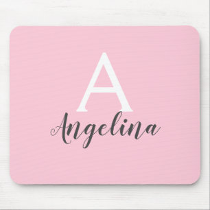 Alfombrilla De Ratón Nombre de monograma rosa pálido femenino gris y bl
