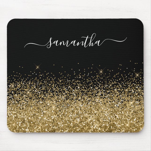 Alfombrilla De Ratón Nombre elegante de Purpurina negro y dorado (Frente)