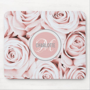 Alfombrilla De Ratón Nombre en monogramo de flores rosadas de color gri