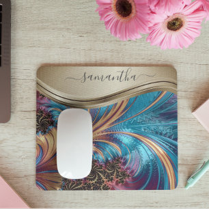 Alfombrilla De Ratón Nombre Manuscrito Azul Fractal Moderno Dorado