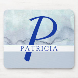 Alfombrilla De Ratón Nombre   Monograma azul acuarela