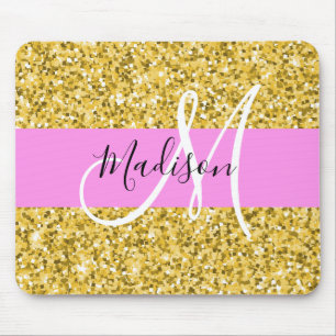 Alfombrilla De Ratón Nombre Monograma con Brillo de Rosa y Oro Glam