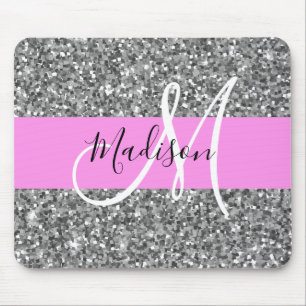 Alfombrilla De Ratón Nombre monograma del Purpurina Glam Pink & Silver