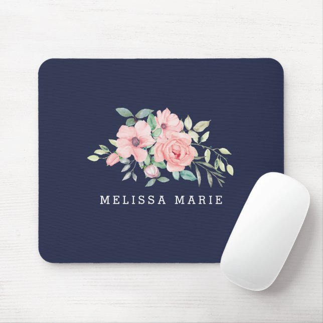 Alfombrilla De Ratón Nombre personalizado acuarela floral de la Marina (Con ratón)