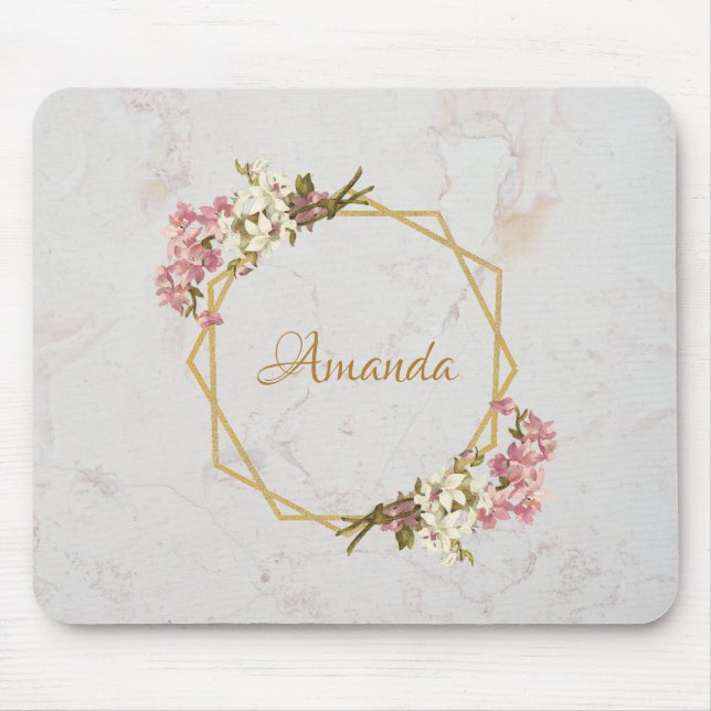 Alfombrilla De Ratón Nombre personalizado de orquídeas rosadas de mármo (Frente)