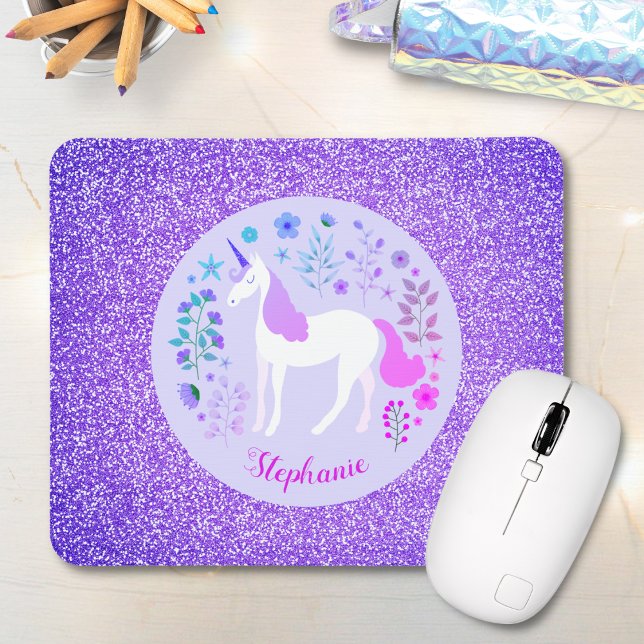 Alfombrilla De Ratón Nombre personalizado de unicornio morado Purpurina (Subido por el creador)