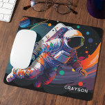 Alfombrilla De Ratón Nombre personalizado del espacio astronauta modern<br><div class="desc">Espacio Astronauta moderno colorido Nombre personalizado Mouse Pad Mousepad cuenta con un astronauta flotando por el espacio exterior con planetas y baños coloridos y personalizado con su nombre en tipografía de escritura moderna. Perfecto como regalo para los amantes del espacio, familia y amigos por cumpleaños, Navidades, vacaciones, Día del Padre,...</div>