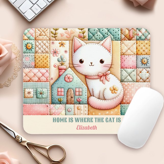 Alfombrilla De Ratón Nombre personalizado del paquete de trama de la ca (Cute Cat House Quilt Patchwork Pastel Custom Name Mouse Pad)