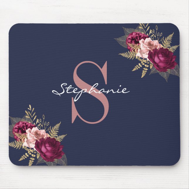 Alfombrilla De Ratón Nombre personalizado Monograma Borgoña rosa Floral (Frente)