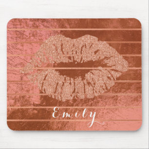 Alfombrilla De Ratón Nombre Rosa Gold Metallic Copper Stripes Lips Kiss