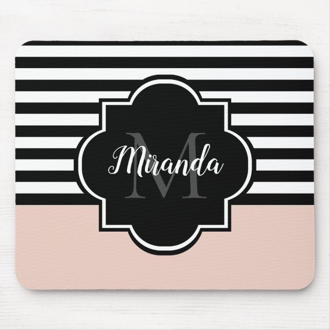 Alfombrilla De Ratón Nombre y monograma de bandas anchas rosadas y negr (Frente)