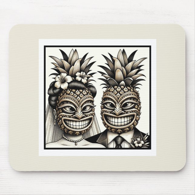 Alfombrilla De Ratón Novia y Groom Aloha Pineapple Tiki Head Boda (Frente)