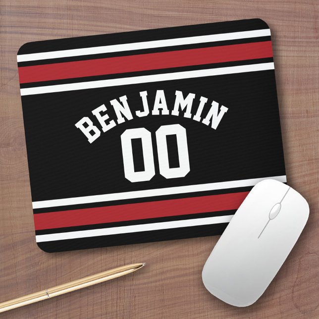 Alfombrilla De Ratón Número de nombre personalizado de Black and Red Sp (Personalized Mousepad - Sports Jersey Theme with custom name)