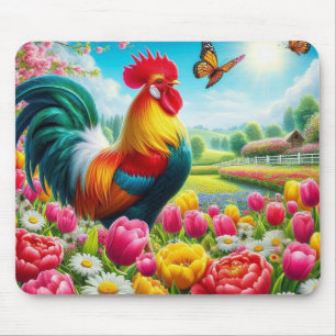 Alfombrilla De Ratón Obra de arte de gallos/gallos/gallinas con flores/