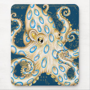 Alfombrilla De Ratón Octopus de anillo azul Indigo mapa vintage nautico