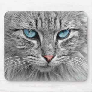 Alfombrilla De Ratón Ojos azul brillante   Monocromo   Retrato de gato