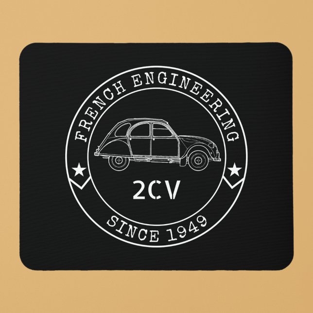 Alfombrilla De Ratón Oldtimer 2CV Abzeichen Ingeniería Emblem (2CV Mouse Pad in Black with a White Badge Text Design and and Illustration of the Deux Chevaux )