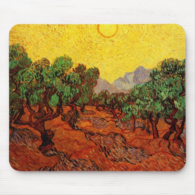 Alfombrilla De Ratón Olivos Van Gogh con cielo y sol amarillos (Frente)