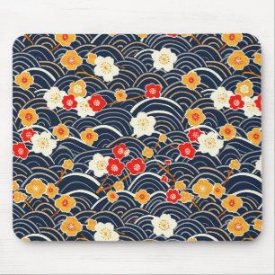 Alfombrilla De Ratón Onda Japonesa de Ciruela Floral Patrón Marina