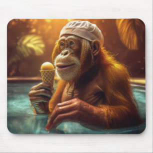 Alfombrilla De Ratón Orangután En La Piscina Con Helado Cream Cone Mous