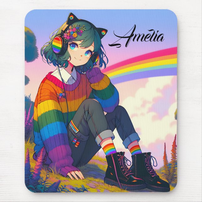 Alfombrilla De Ratón Orgullo lésbico LGBTQIA+ Chica de anime personaliz (Frente)