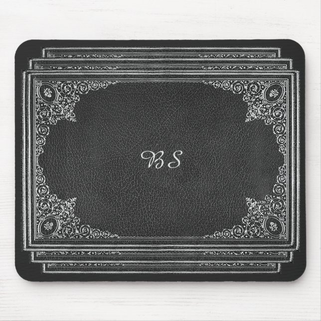 Alfombrilla De Ratón Ornamental plateado sobre negro con iniciales (Frente)