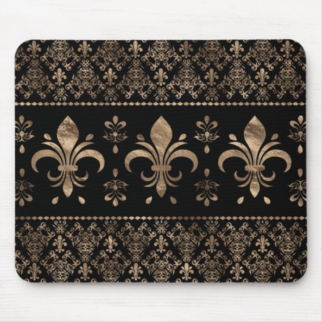 Alfombrilla De Ratón Ornamento Fleur-de-lis de lujo negro y dorado (Frente)