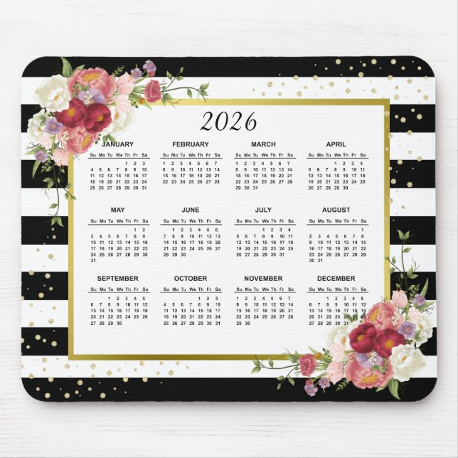 Alfombrilla De Ratón Oro floral negro rayado - Calendario 2022 (Frente)