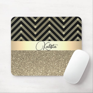 Alfombrilla De Ratón Oro Purpurinoso y Chevron negro personalizado