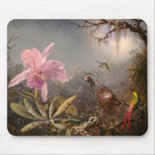 Alfombrilla De Ratón Orquídea Cattleya y tres colibríes