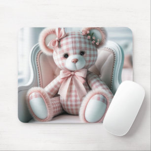 Alfombrilla De Ratón Oso de peluche de gingham en una silla