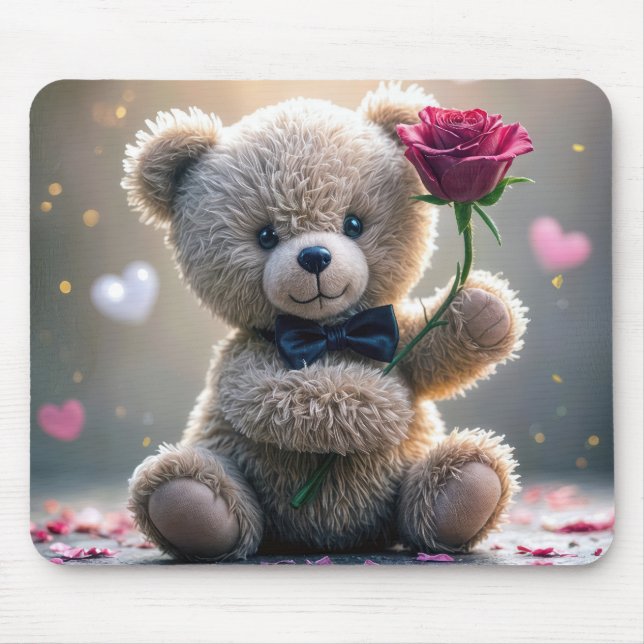 Alfombrilla De Ratón Oso De Teddy Con Rosa Rojo (Frente)