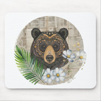 Alfombrilla De Ratón Oso Floral Boho en Papel Antiguo