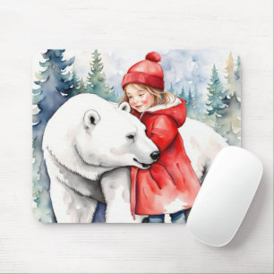 Alfombrilla De Ratón Oso Polar De Acuarela Con Chica