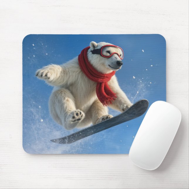 Alfombrilla De Ratón Oso Polar en el Aire en una Snowboard (Con ratón)