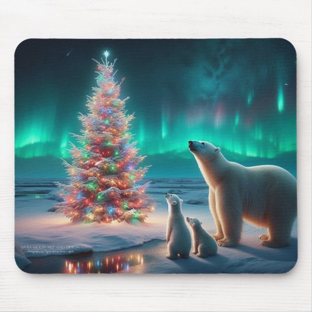 Alfombrilla De Ratón Oso Polar Mamá Cubre Árbol De Navidad Aurora Borea (Frente)
