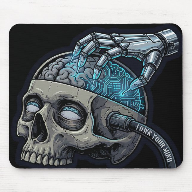 Alfombrilla De Ratón Own Your Mind – Cyberpunk Skull Brain Upload (Frente)