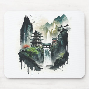 Alfombrilla De Ratón Paisaje antiguo de la tinta china con cascada