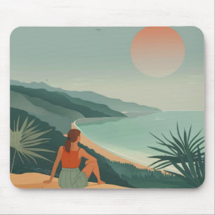 Alfombrilla De Ratón Paisaje Boho Terracota Sabio Costa Bahía Atardecer