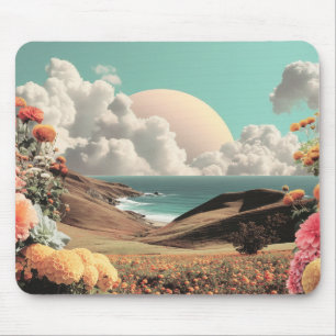 Alfombrilla De Ratón Paisaje costero surrealista con flores y nubes