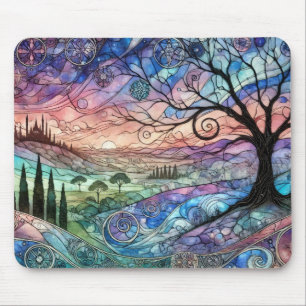 Alfombrilla De Ratón Paisaje de fantasía con árbol y puesta de sol colo