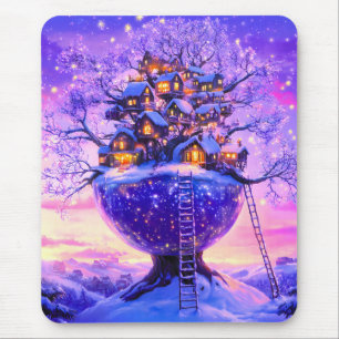 Alfombrilla De Ratón Paisaje de pueblo de árbol nevado de fantasía de i