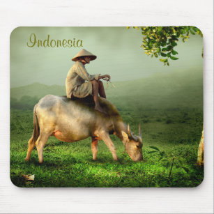 Alfombrilla De Ratón Paisaje escénico de Indonesia con búfalo y granjer
