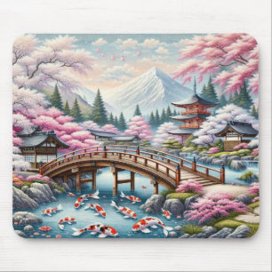Alfombrilla De Ratón Paisaje japonés con árboles de Bridge, Koi y Sakur